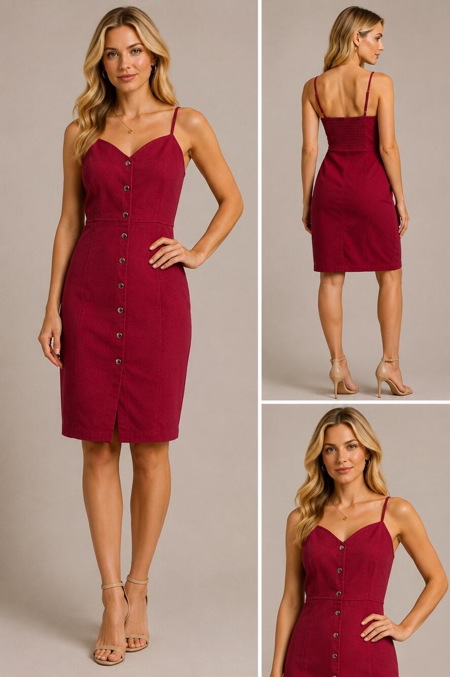 Gimmicks Burgundy Button Front Sheath Dress Womens Large Midi Sleeveless Stretch